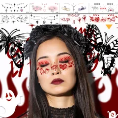 FINGOOO ハロウィン タトゥーシール フェイス 顔全体 8枚セット 刺青 テッカー シール かわいい 傷 小物 仮装 メイク 縫い傷 爪裂き 傷跡 (C)