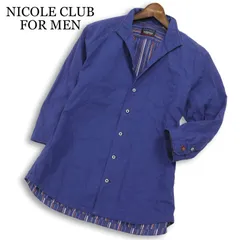 NICOLE CLUB FOR MEN ニコルクラブ フォーメン 襟ワイヤー★ 7分袖 イタリアンカラー ストライプ シャツ Sz.50 メンズ 紺