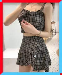 新品 ギンガムチェックビキニ水着2点セット 可愛いビーチウェア 大人セパレート水着 韓国っぽ水着細見え【送料無料】