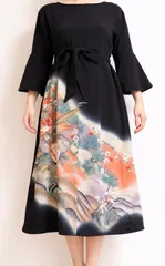 着物リメイク ワンピース ドレス 黒留袖 正絹 落款  作家物 花鳥文