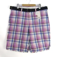 ユニクロ ショートパンツ ボトムス ベルト付き ハーフパンツ チェック柄 未使用品 メンズ Lサイズ 紫×白×紺 UNIQLO