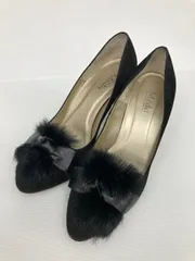 Meda パンプス 24 ブラック スエード リアルファー 無地 リボン ラウンドトゥ ピンヒール 7.1～10cm ストラップなし