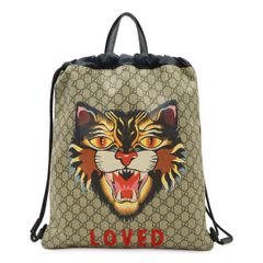 GUCCI グッチ GGスプリーム アングリーキャット LOVED ドローストリング バックパック リュックサック 巾着 PVC ベージュ ダークブラウン 473872