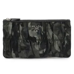 PRADA プラダ ギャザー ポーチ 小物入れ クラッチバッグ 迷彩柄 カモフラージュ ナイロン レザー FUMO グリーン系マルチカラー シルバー金具 1M1152