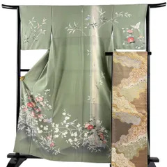 訪問着 身丈159cm 裄丈65cm M 袷 袋帯セット 落款 椿 鳥 ぼかし 灰緑 正絹 秀品 一つ紋 【中古】のサムネイル