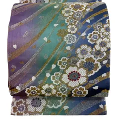 袋帯 秀品 振袖向き 桜 流水 金銀糸 箔 緑 六通 正絹 【中古】
