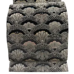 袋帯 秀品 雪輪青海波 松竹梅 銀糸 灰色 全通 正絹 【中古】