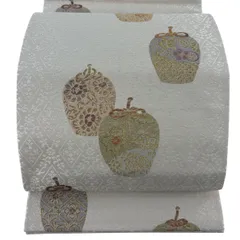 袋帯 秀品 お仕覆 梅 金糸 灰色 六通 正絹 【中古】