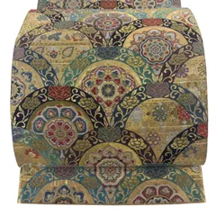 袋帯 秀品 落款 青海波 華文 金糸 箔 金色 六通 正絹 【中古】