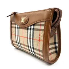 【良品】BURBERRY バーバリー ノバチェック ポーチ クラッチバッグ 化粧品ポーチ キャンバス レザー ブラウン 茶色 レディース ヴィンテージ
