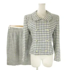 クレージュ courreges セットアップ スカートスーツ ツイード 9AR63 青 ブルー チェック柄 パールボタン /AO6 ■ECD001