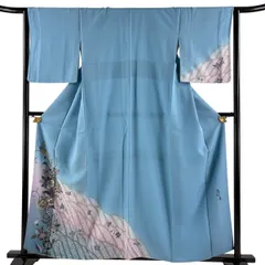 付下げ 身丈156.5cm 裄丈63.5cm S 袷 落款 草花 波 金彩 水色 正絹 秀品 【中古】