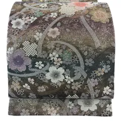 【美品】 袋帯 秀品 桜 花びら 銀糸 箔 茶色 六通 正絹 【中古】