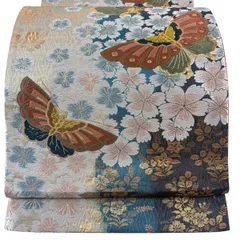 【美品】 袋帯 秀品 桜 蝶 金糸 箔 ベージュ 六通 正絹 【中古】
