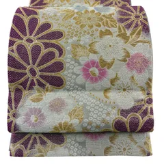 【美品】 袋帯 秀品 菊 桜 金銀糸 箔 銀色 六通 正絹 【中古】