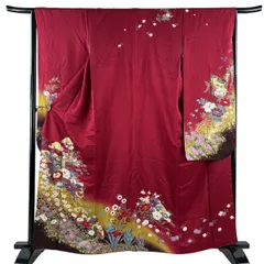 振袖 身丈161.5cm 裄丈64cm M 袷 御所車 牡丹 金糸 金彩 えんじ色 正絹 秀品 【中古】