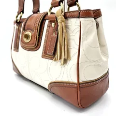 【良品】 coach turn-lock signature handbag tote leather fringe white brown コーチ ハンドバッグ