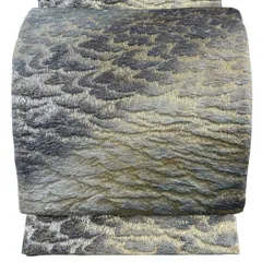袋帯 秀品 水面 金糸 箔 青灰色 全通 正絹 【中古】