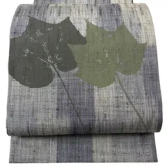 袋帯 秀品 紬地 葉柄 灰色 お太鼓柄 正絹 【中古】