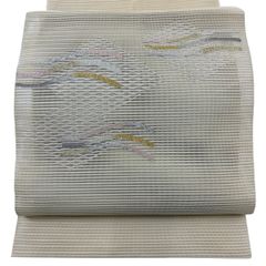 名古屋帯 秀品 夏帯 絽 八寸名古屋帯 松葉仕立て 幾何学模様 金銀糸 ベージュ 正絹 【中古】