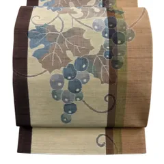 【美品】 袋帯 秀品 関西仕立て 紬地 葡萄 縞 薄茶色 全通 正絹 【中古】