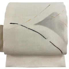 名古屋帯 秀品 幾何学模様 金彩 クリーム 正絹 【中古】