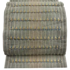 【美品】 袋帯 秀品 幾何学模様 銀糸 灰緑 お太鼓柄 正絹 【中古】