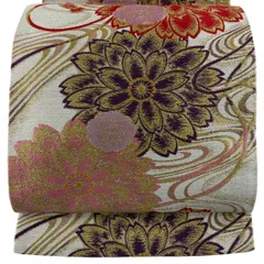 袋帯 秀品 振袖向き 花 流水 箔 白 六通 正絹 【中古】