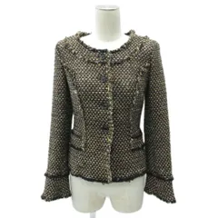 エポカ EPOCA ノーカラーツイードジャケット ミドル丈 38 M 茶 ブラウン フリンジ スパンコール /SM16 ■GY61