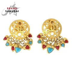 美品 CHANEL シャネル ヴィンテージ ココマーク ストーン ゴールド レッド ブルー メッキ イヤリング スイングイヤリング 505961【中古】
