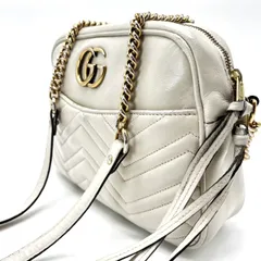 【良品】GUCCI グッチ GGマーモント チェーンショルダーバッグ オールレザー 革 ゴールド金具 レディース ホワイト 白色