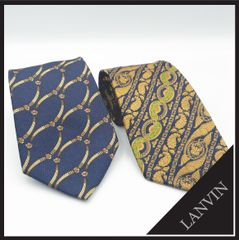 ✱LANVIN（ランバン）✱高級シルクネクタイ 2本セット ネイビー ゴールド ペイズリー柄 総柄 幾何学模様 ビジネス フォーマル スーツ 紳士服 メンズ ブランドネクタイ まとめ売り 結婚式 二次会 パーティー 卒業式 入学式 プレゼント ギフト 豪華