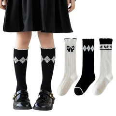 【新品】 [QINTIAN] 子供 靴下 キッズ ソックス ガールズ ハイソックス 女の子 くつした 3足セット 子供フォーマル服用 可愛い お姫様 ストライプ 花柄 学生用 入学式 卒業式 発表会 通園 通学 綿 (L, タイプ#1)