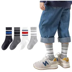 【新品】 [ZGKULAEAOW] キッズ 靴下 男の子 3本ライン クルー丈ソックス ボーダー柄 くつ下 キッズ 子供 子供用靴下 4足組 春秋 (JP, 数字サイズ, 15.0 cm, 18.0 cm, 4足組) 1