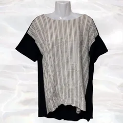 SHOO・LA・RUE　シューラルー　Tシャツ　ベージュ×ブラック　レディース　ストライプ　半袖　丈長め　襟ぐり広め　デザイン性