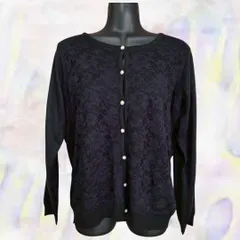 Ledual　ルデュアル　カーディガン　ブラック　レディース　レース　パールボタン　長袖　花柄　ラウンドネック　大きいサイズ　LL