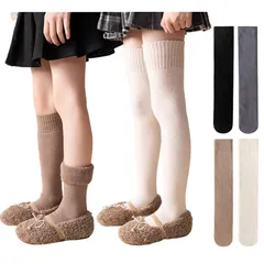 【新品】 [ZGKULAEAOW] ニーハイソックス 子供 2足セット 裏起毛 ハイソックス 厚手 ソックス 膝上 あったか靴下 冷え対策 キッズ 女の子 男の子ジュニア 中学生 小学生 高校生無地 秋冬用 (JP, 年齢, 3歳, 8歳, 黒＆チャコール 0