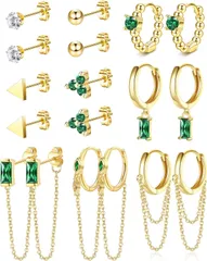 Jstyle 9ペア ピアス セット レディース 人気 ゆれる 三角 四角 一粒 ピアス ジルコン フープ ピアス スタッドピアス セット ステンレス アレルギー対応 誕生日 プレゼント クリスマス プラチナ グリーン 大人 キラキラ ピアス