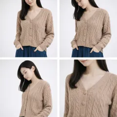 ケーブル編みVネックカーディガン ベージュ ニット