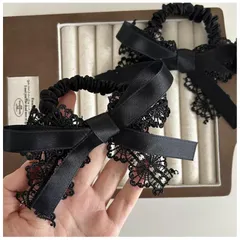 MISS MUMUヘアゴム 髪に優しい シュシュ リボン 髪飾り 髪ゴム 跡がつかない 高弾性 おしゃれ 大人 女性 小顔 可愛い 入学式 卒業式 韓国風 立体感 （xz黒いレースのリボン-Black bow tie1）