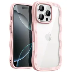 JETech iPhone 16 Pro 6.3インチ用 ウェーブ ケース かわいい 波状フレーム うねうね 耐衝撃 スマホカバー 女性用 女子向け クリア ハードPCバック (ピンク)