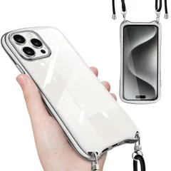 iPhone 15 Pro 用の ケース ショルダー ストラップ iPhone 15Pro 用の カバー クリア 肩掛け 斜めかけ 韓国 アイフォン15 プロ 用 透明 スマホケース （シルバー）
