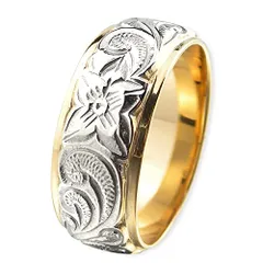 新品 [Aloha lokahi] （アロハロカヒ） ハワイアンジュエリー リング サージカルステンレス ダブル カットアウト ストレートエッジ スクロール プルメリア イエローゴールド 17号