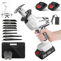 シプロソー 電動 ノコギリ【2000mAh*2個バッテリー付き&替刃8本】無段変速 21V 充電式ノコギリ セーバーソー 小型 枝切り 竹を切る 庭木の剪定 粗大ごみ切断 木材切断 金属切断 収納ケース 付き 日本語取扱説明書付き (白い)★ 29495083