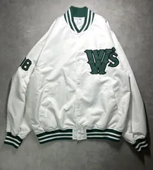 WEGO ウィゴー スタジャン L ホワイト グリーン ワッペン ロゴ ストリート カジュアル 古着MIX ナイロンジャケット アウター ブルゾン 白 緑 メンズ レディース ユニセックス ゆったり オーバーサイズ ビッグシルエット 肩幅57cm 身幅63cm