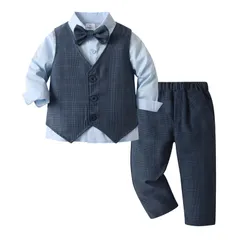 スーツ 男の子 フォーマルスーツ チェック柄 キッズ 紳士服 子供 子供服 ボーイズ フォーマルウェア 結婚式 発表会 入園式 [Sivrusn] 卒園式 お宮参り 七五三 キッズコスチューム 4点セット (シャツ+ベスト+蝶ネクタイ+ズボン)