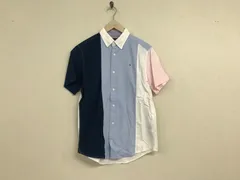 本物トミーヒルフィガーTOMMYHILFIGERコットンロゴ刺繍切り替えデザイン半袖シャツメンズサーフアメカジミリタリーストリートスケーターワークビジネススーツモードゴルフドレス青ブルー紺白M