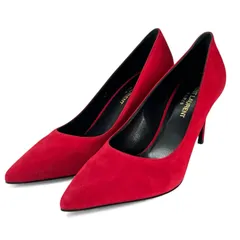 未使用品▲SAINT LAURENT サンローラン スウェードレザー ポインテッドトゥ ピンヒール パンプス レッド 37.5 箱・保存袋付き イタリア製 レディースのサムネイル