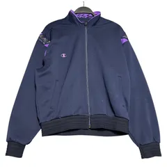 90年代 日本製 Champion チャンピオン ジャージ トラックジャケット O 古着 ワンポイントロゴ刺繍 袖プリント ネイビー×パープル 紺色 紫色【ジャージ・トラックジャケット】/ IA214
