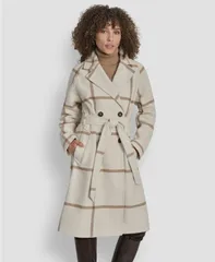 ダナ キャラン ニューヨーク レディース アウター ジャケット・ブルゾン コート DKNY Womens Belted Notch Collar Coat PXSXXL Window Pane White Camel ホワイト